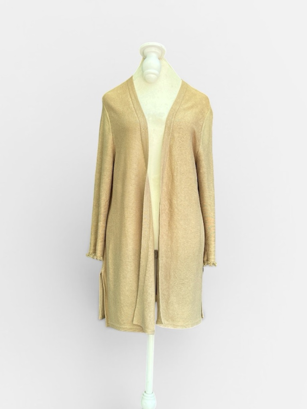 J. Jill Linen-Blend Open-Front Fringed-Cuff Cardigan in Flax Size Medium